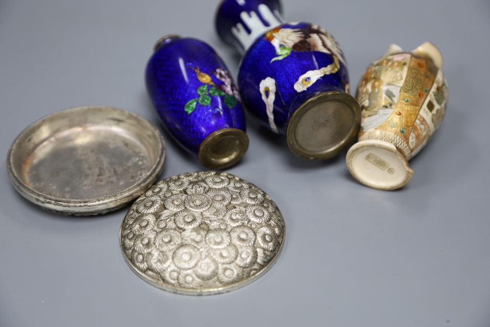 Two Japanese cloisonne enamel vases, a Satsuma vase and and antimony jar, Meiji items